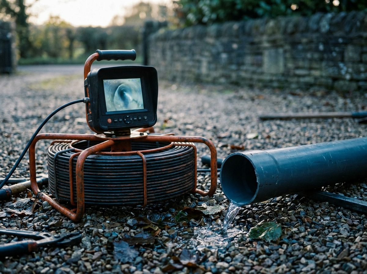 A drain camera reel and monitor set up beside an open sewer pipe