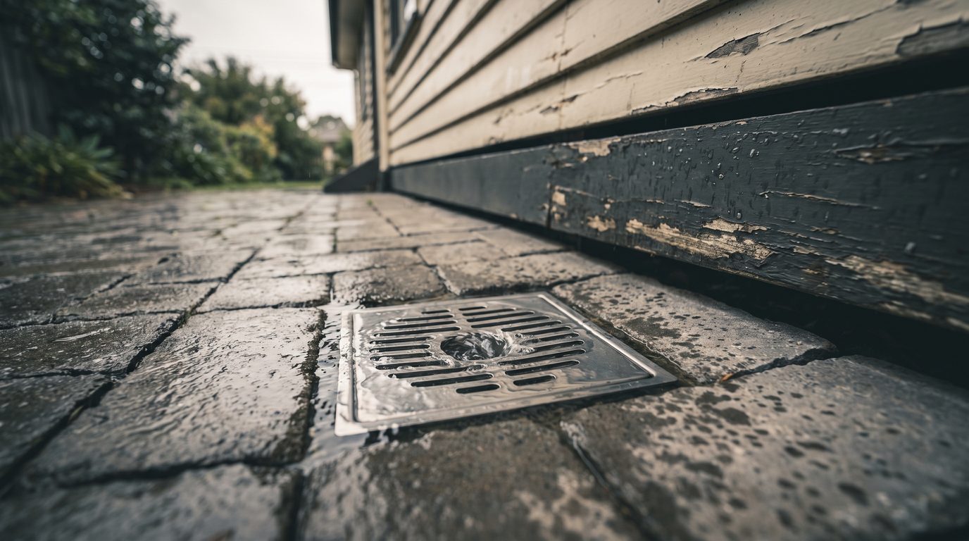 Water draining away into a stainless floor waste beside a weatherboard house