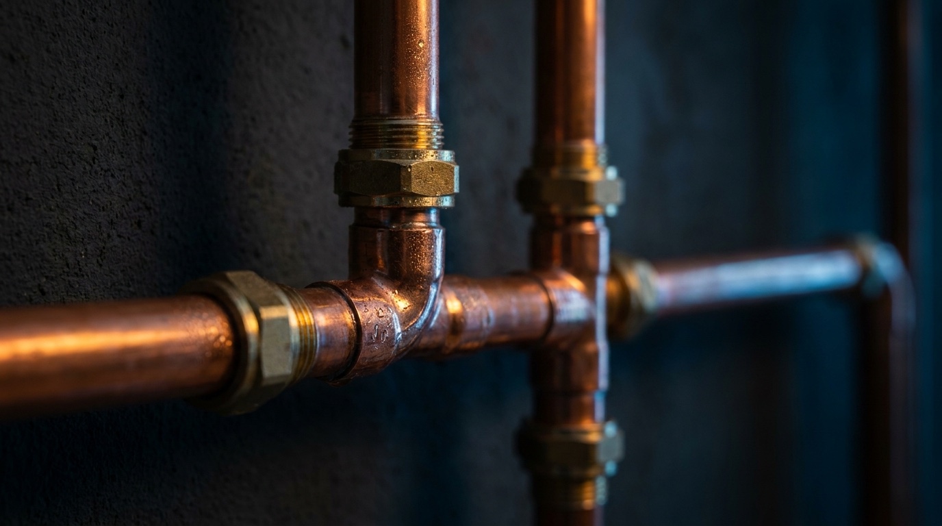 A soldered copper elbow joint on a dark wall