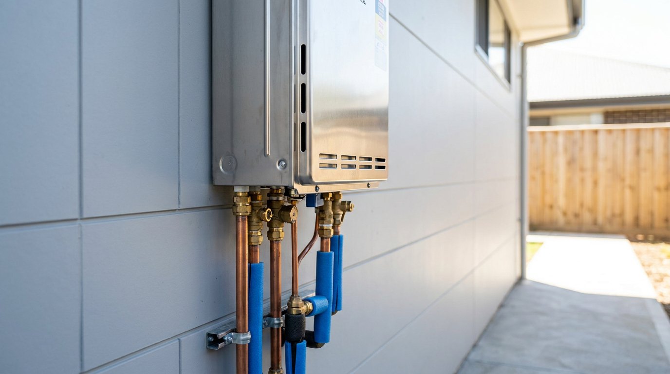 A hot water unit and its pipework in a narrow side passage