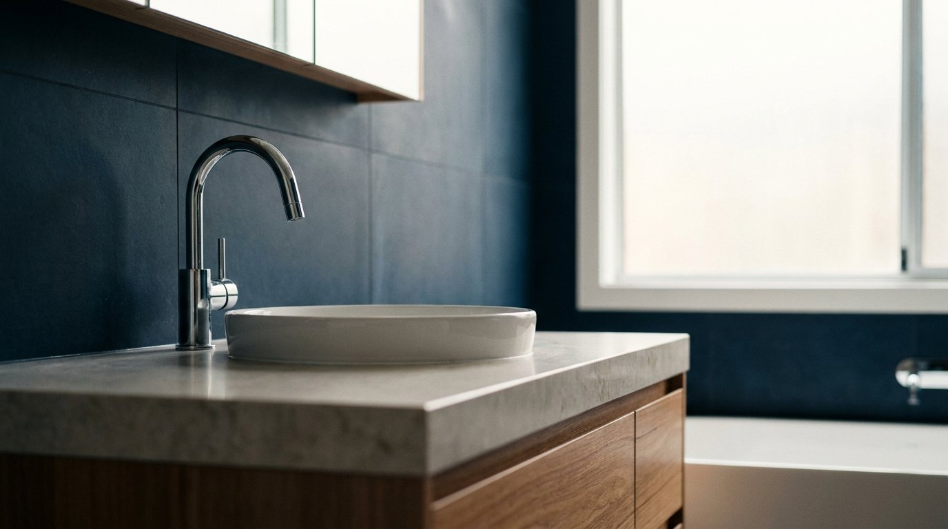 A basin and mixer tap in a finished bathroom
