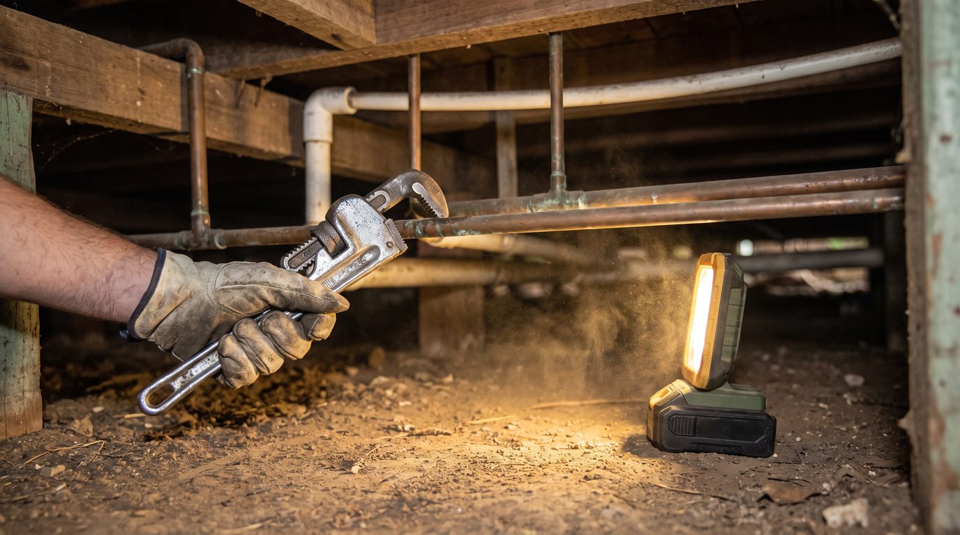 A pipe wrench and a work light beside copper pipework under the floor of a house