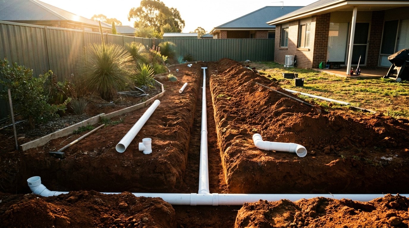 Stormwater and sewer pipework in an open trench beside a suburban home at first light