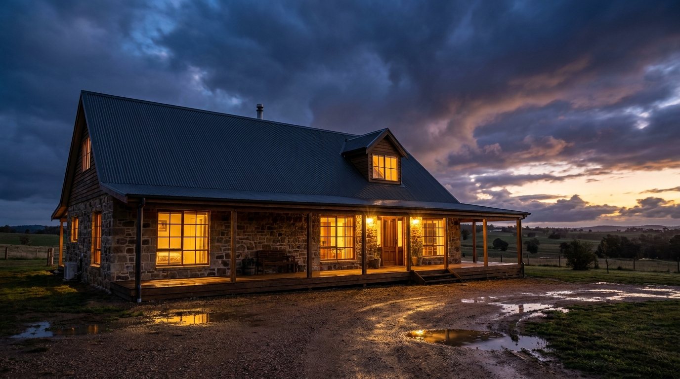 A stone and weatherboard country home lit up at dusk