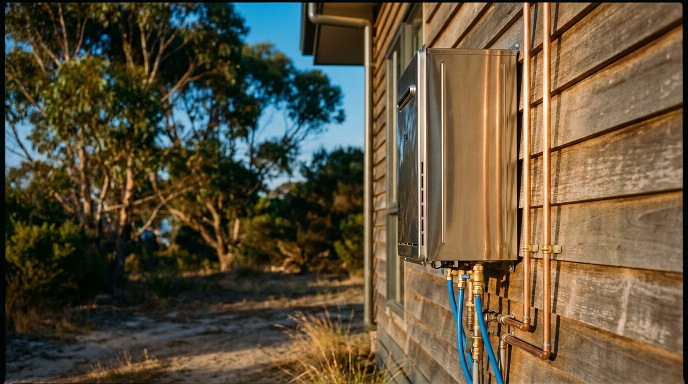 A hot water unit installed on the timber wall of a country home