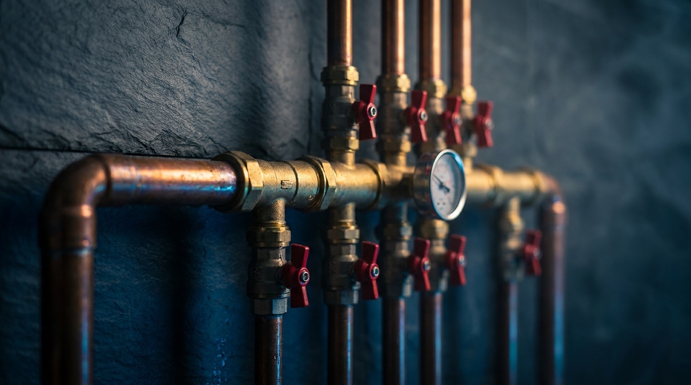 A copper manifold with isolation valves mounted on a dark wall