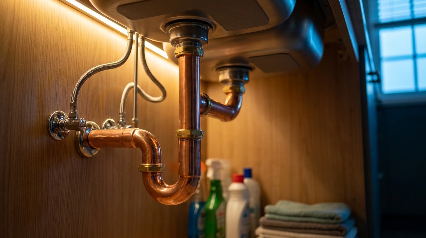 Copper pipework and a waste trap under a timber vanity