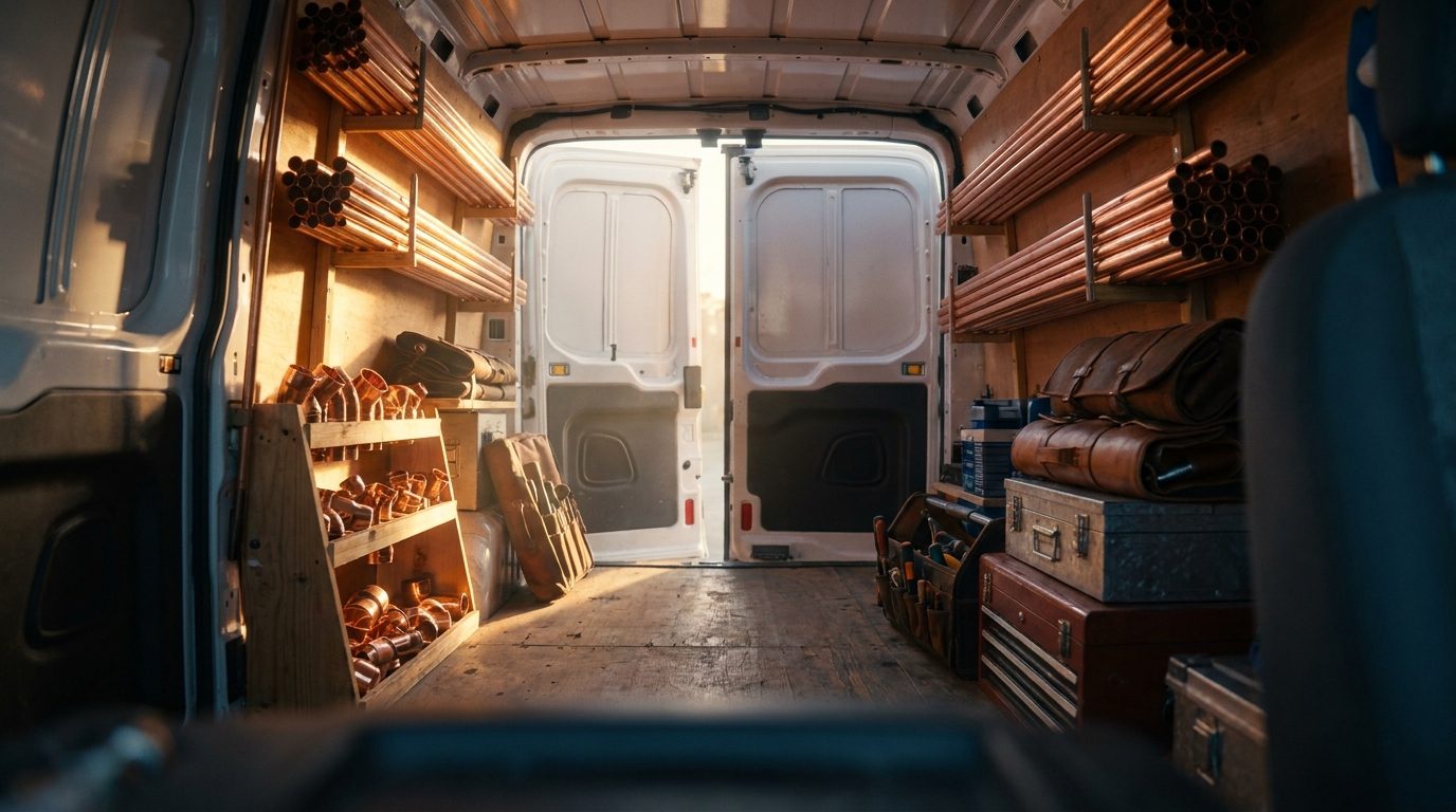 The inside of a plumbing van stocked with copper pipe and fittings